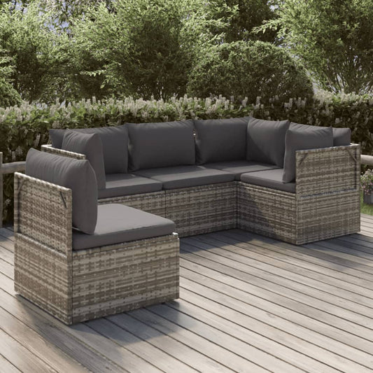 5 Piece Patio Lounge Set with Cushions Gray Poly Rattan