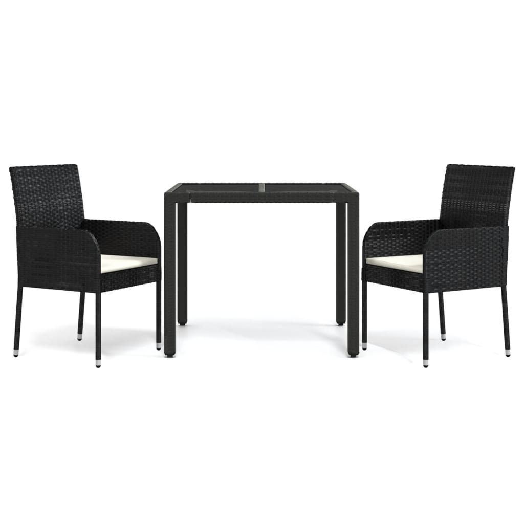 3 Piece Patio Dining Set with Cushions Black Poly Rattan