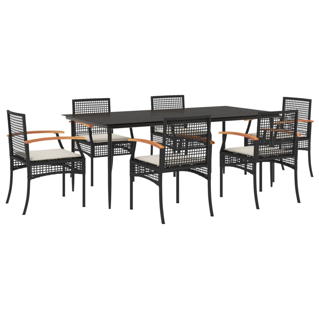 7 Piece Patio Dining Set with Cushions Black Poly Rattan