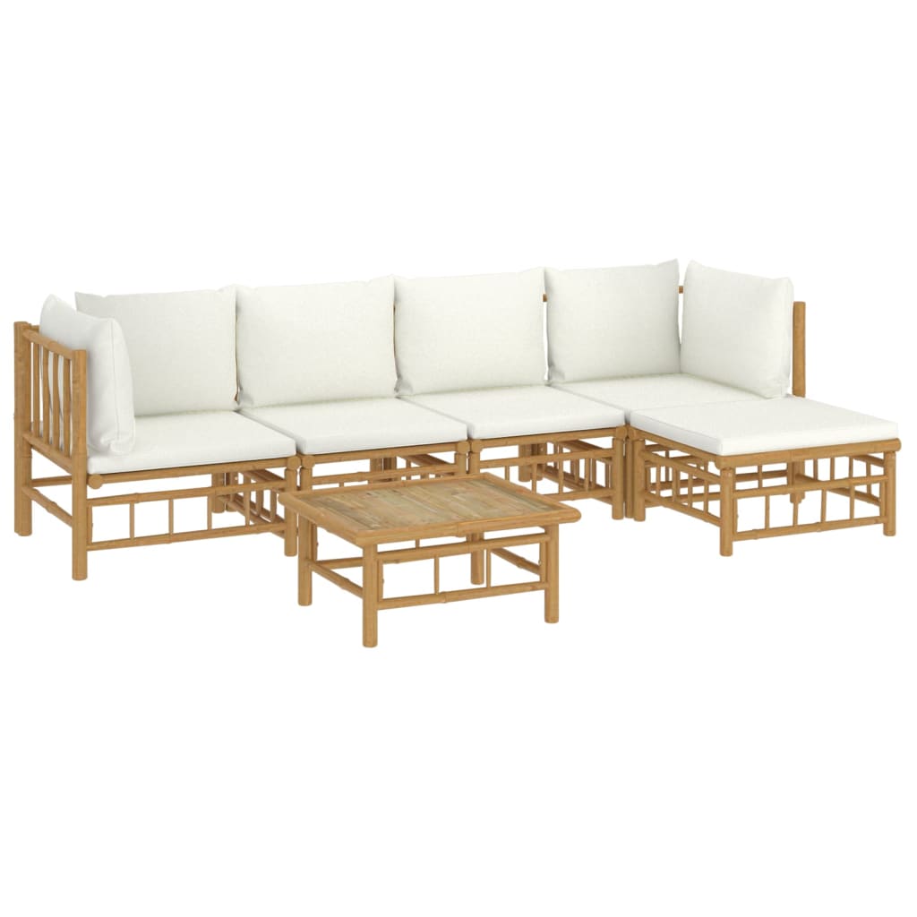 6 Piece Patio Lounge Set with Cream White Cushions Bamboo