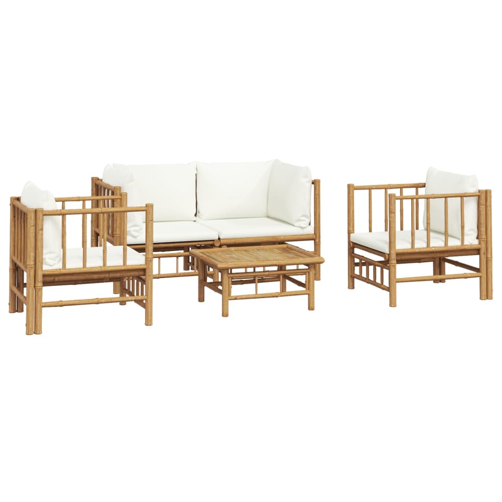 5 Piece Patio Lounge Set with Cream White Cushions Bamboo