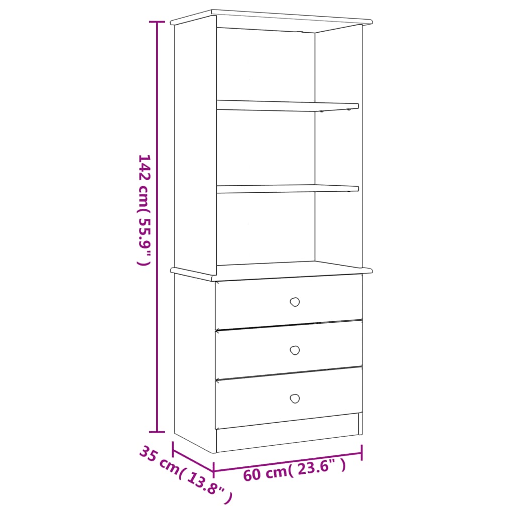 Bookcase with Drawers ALTA White 23.6"x13.8"x55.9" Solid Wood Pine