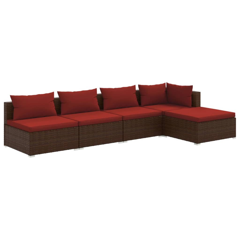 5 Piece Patio Lounge Set with Cushions Poly Rattan Brown