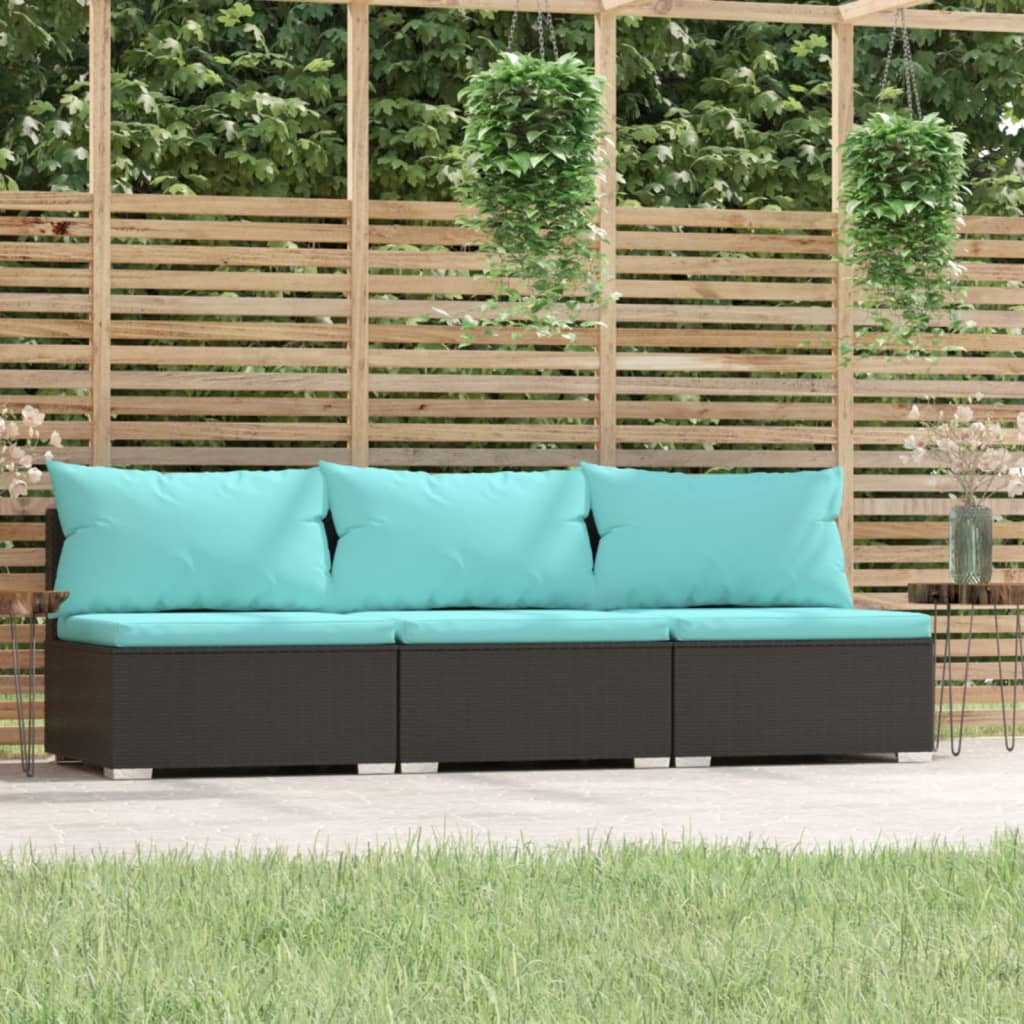 3 Seat Patio Sofa with Cushions Black Poly Rattan