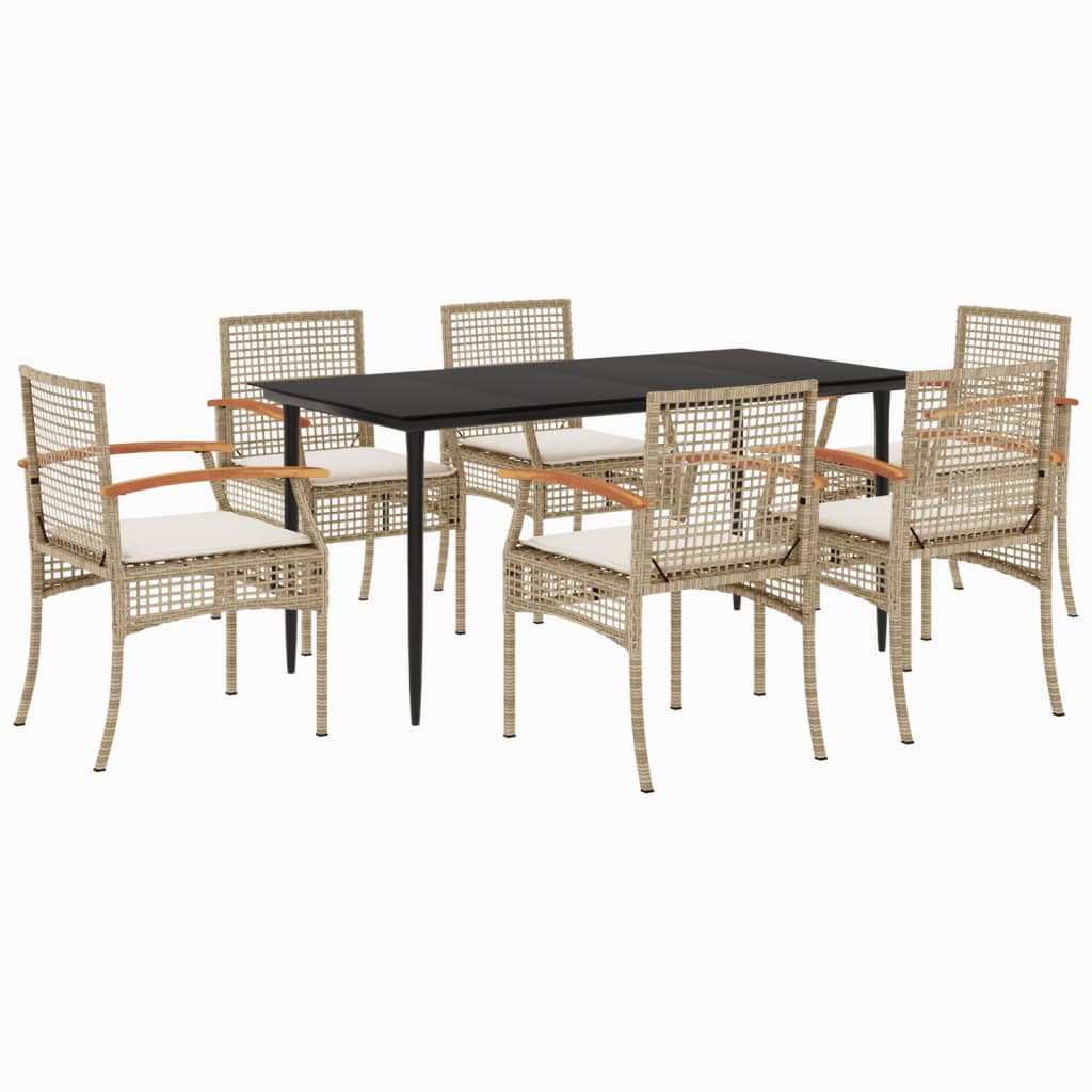 7 Piece Patio Dining Set with Cushions Beige Poly Rattan