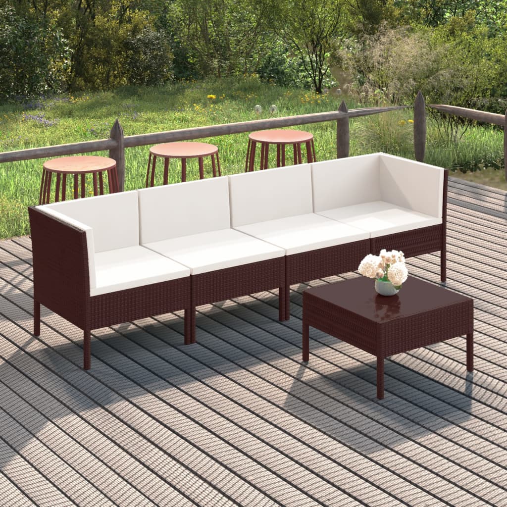 5 Piece Patio Lounge Set with Cushions Poly Rattan Brown