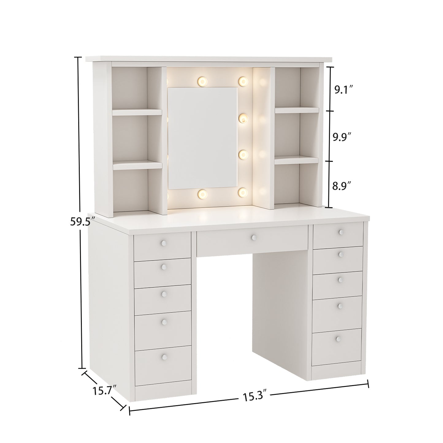 Vanity Desk with LED Lighted Mirror, Makeup Vanity with 11 Drawers, 3 Color Lighting Modes Brightness Adjustable, Hidden Wiring, Dressing Table for Bedroom, White