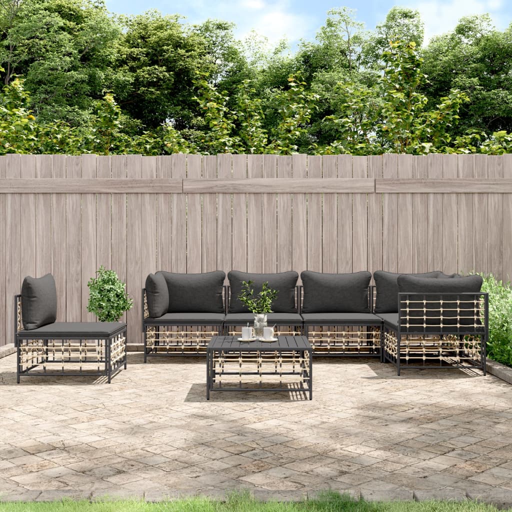 7 Piece Patio Lounge Set with Cushions Anthracite Poly Rattan