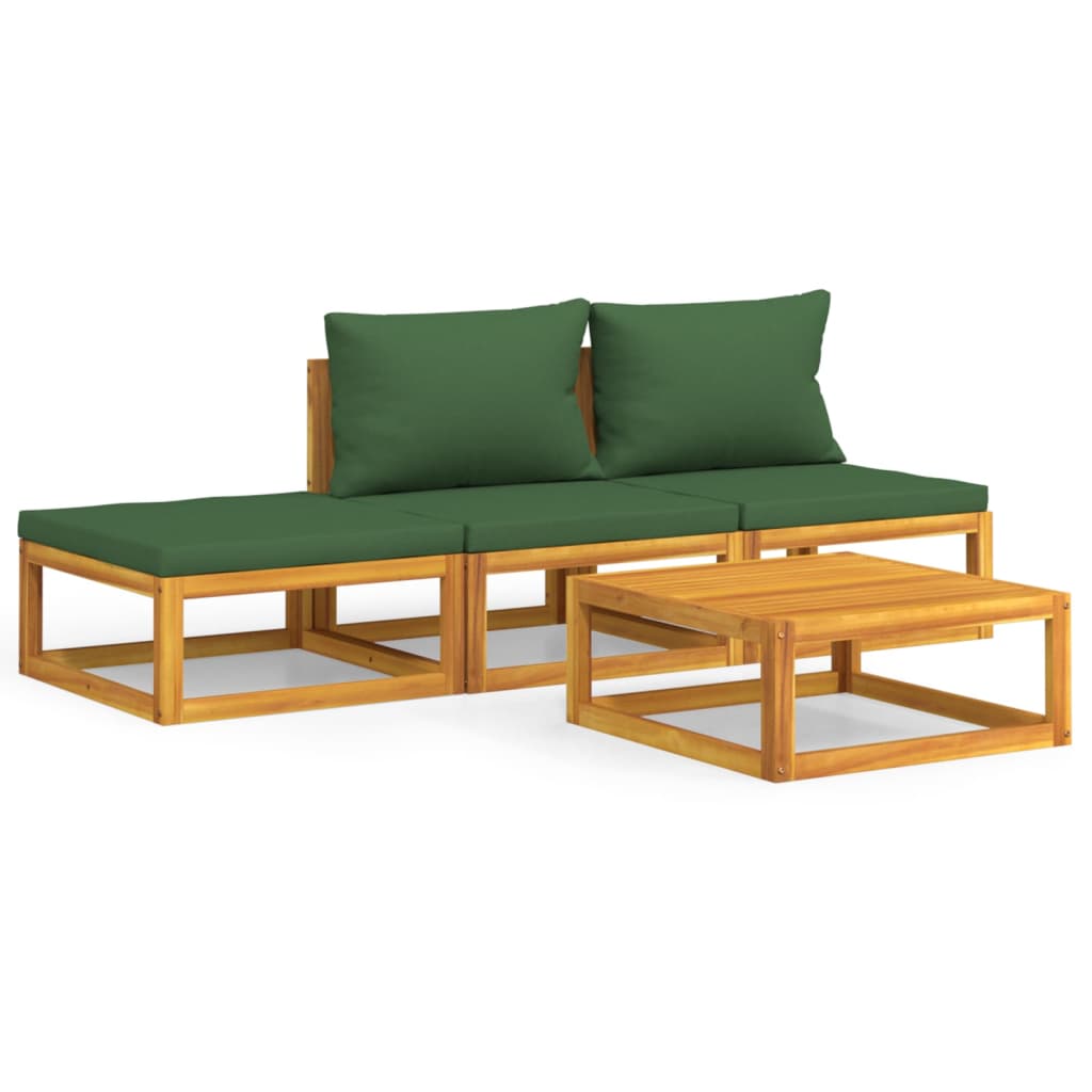 4 Piece Patio Lounge Set with Green Cushions Solid Wood