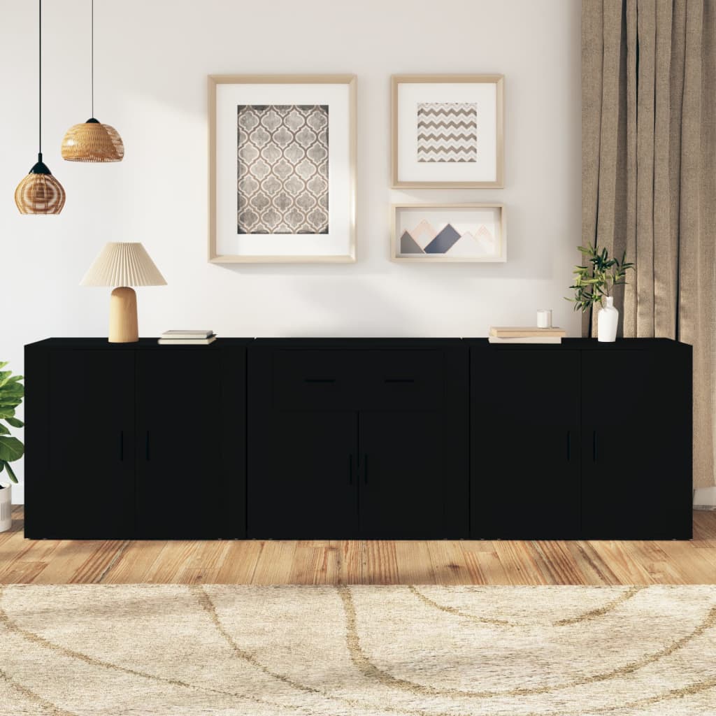 Sideboards 3 pcs Black Engineered Wood