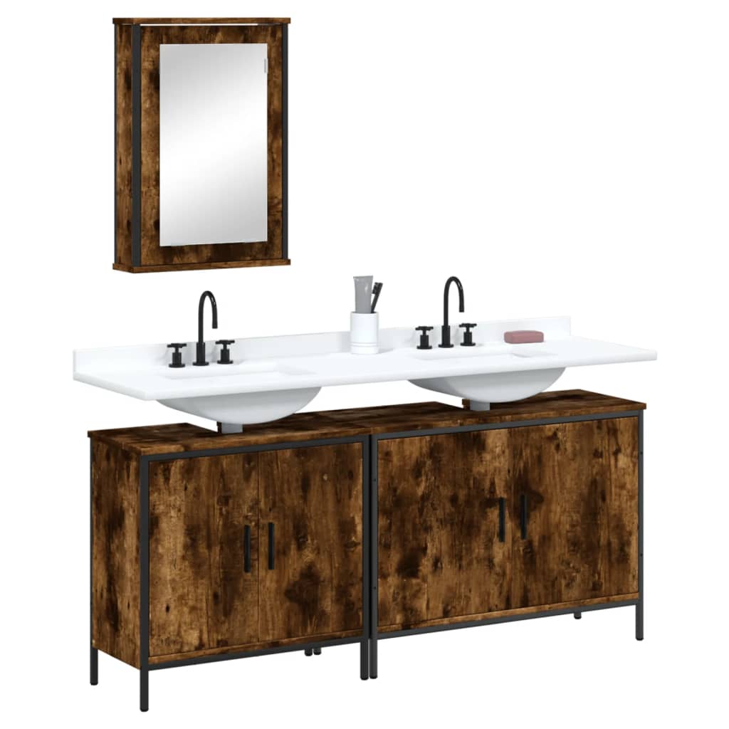 3 Piece Bathroom Furniture Set Smoked Oak Engineered Wood