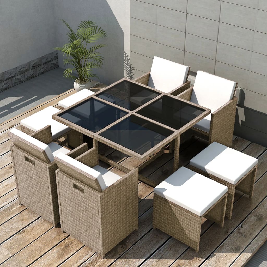 11 Piece Patio Dining Set with Cushions Poly Rattan Beige