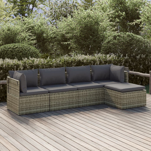 5 Piece Patio Lounge Set with Cushions Gray Poly Rattan