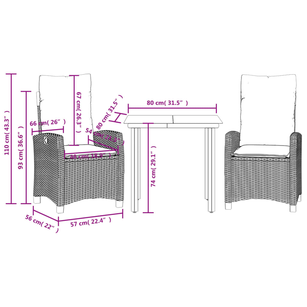 3 Piece Patio Dining Set with Cushions Black Poly Rattan