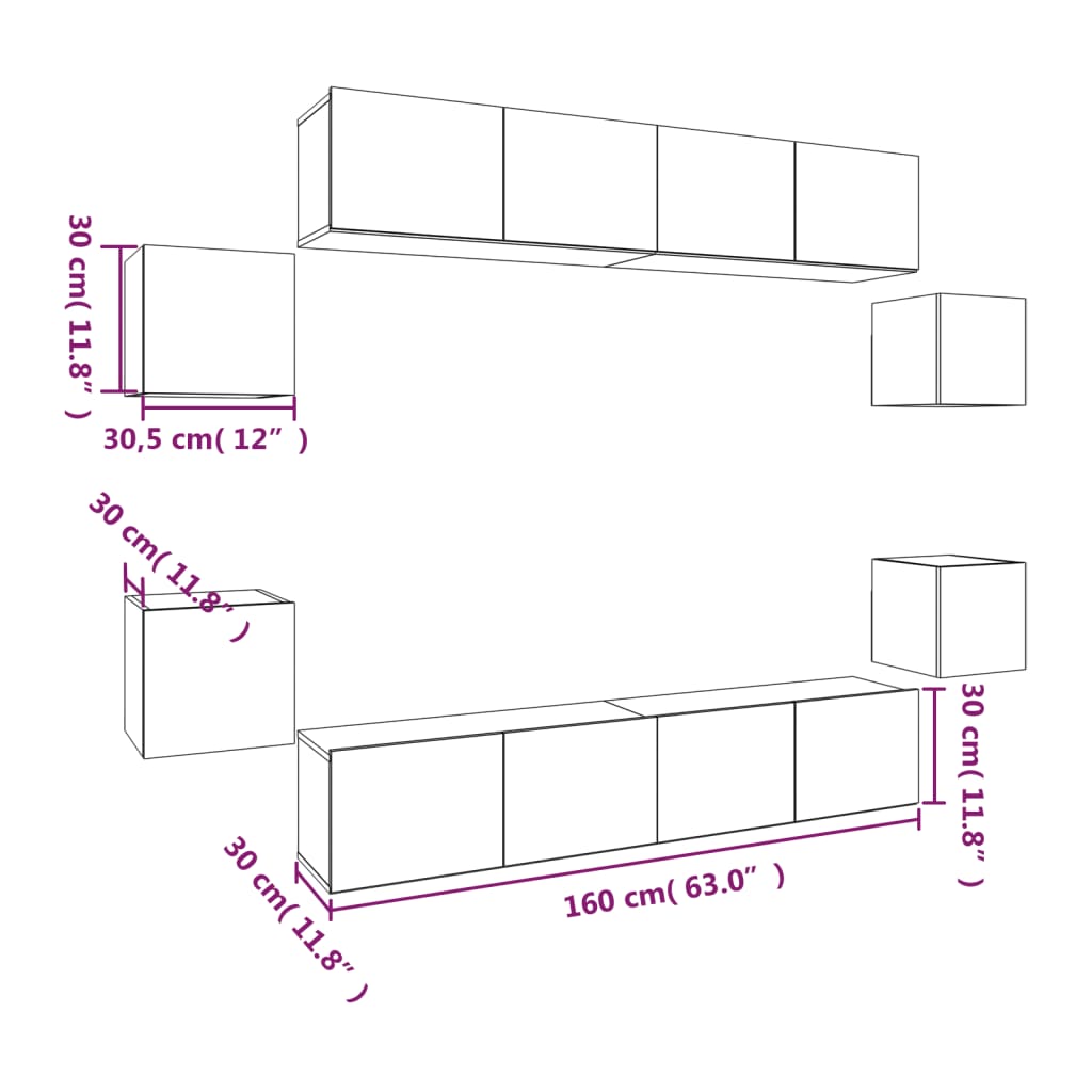 8 Piece TV Stand Set White Engineered Wood