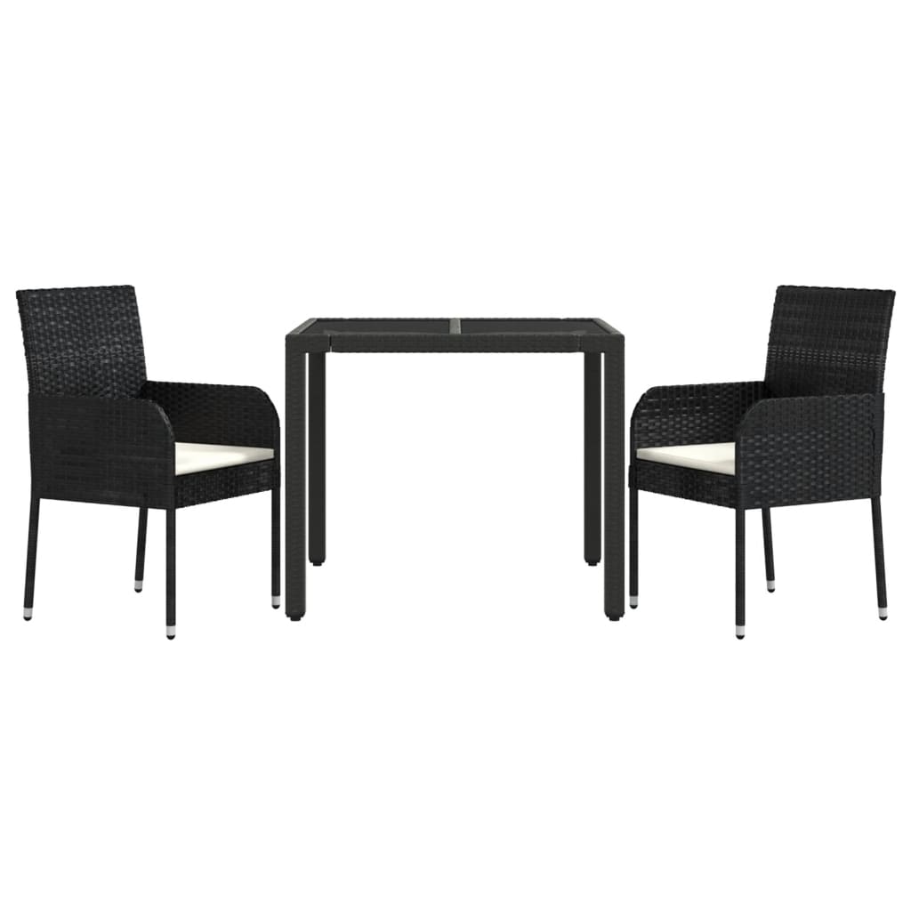 3 Piece Patio Dining Set with Cushions Black Poly Rattan