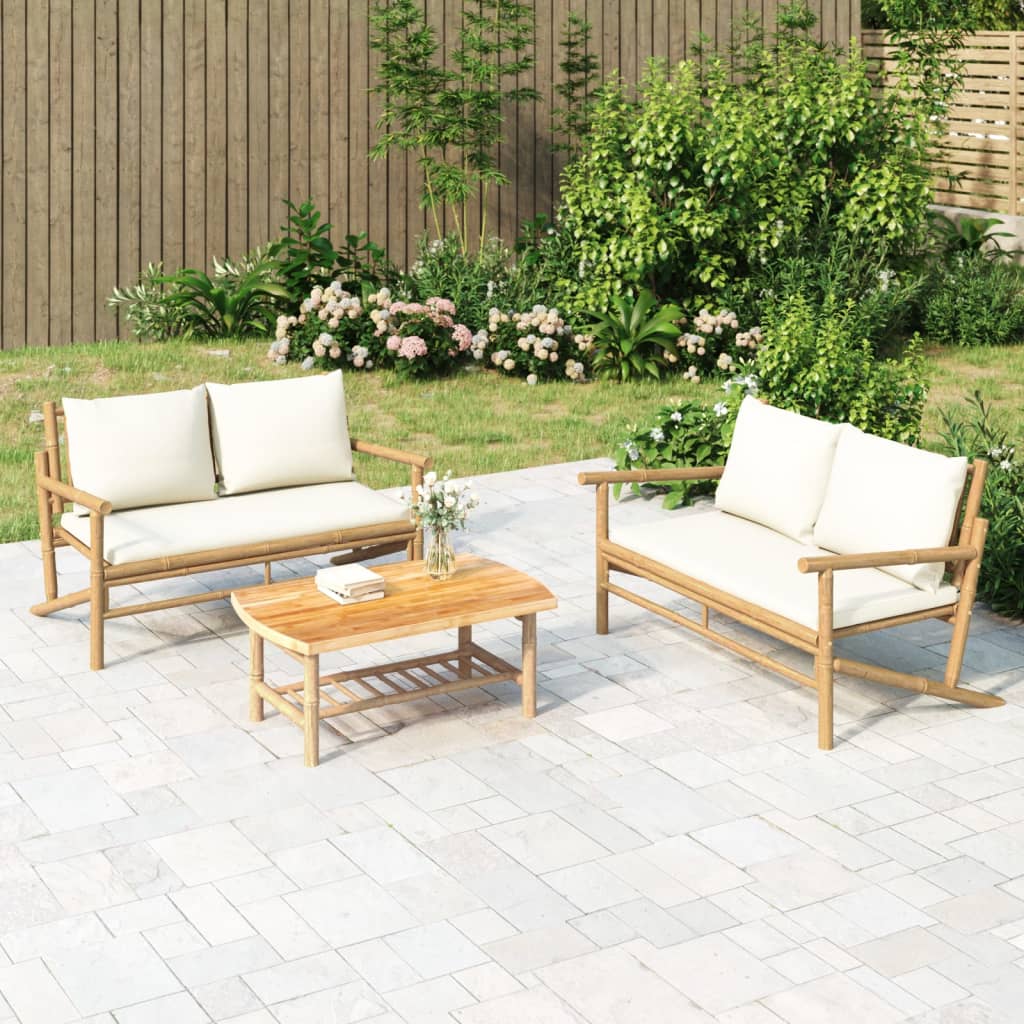 3 Piece Patio Lounge Set with Cream White Cushions Bamboo