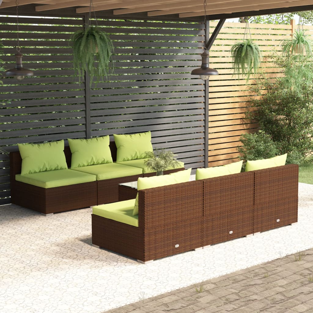 7 Piece Patio Lounge Set with Cushions Poly Rattan Brown