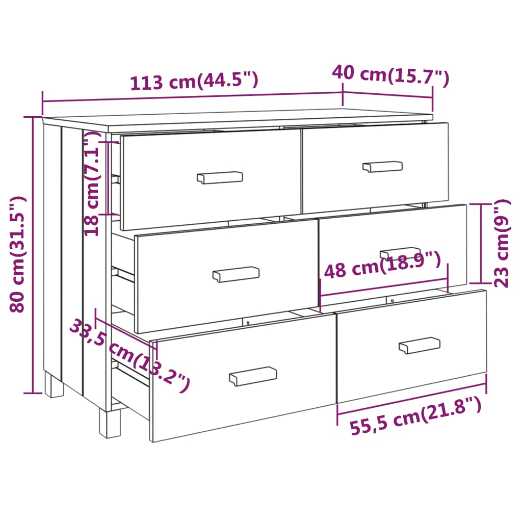 Sideboard HAMAR White 44.5"x15.7"x31.5" Solid Wood Pine