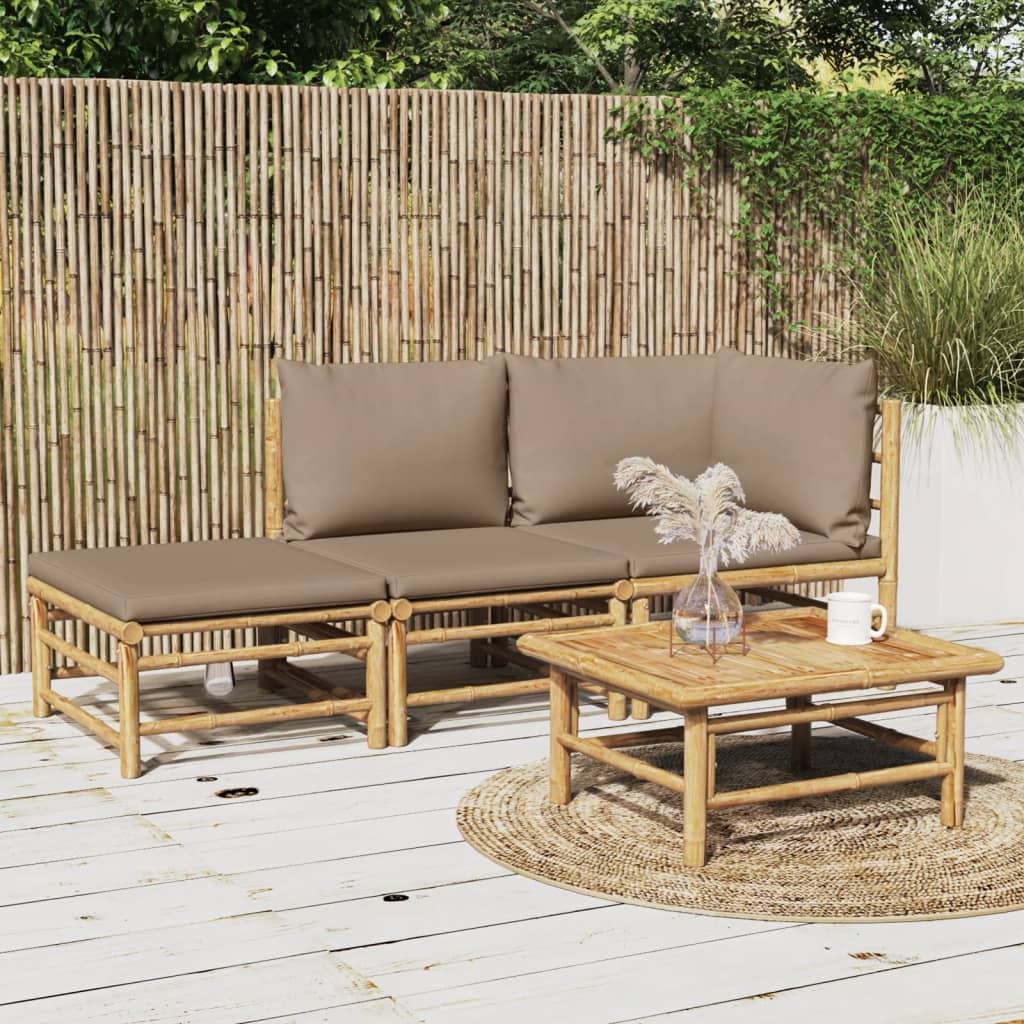 3 Piece Patio Lounge Set with Taupe Cushions Bamboo