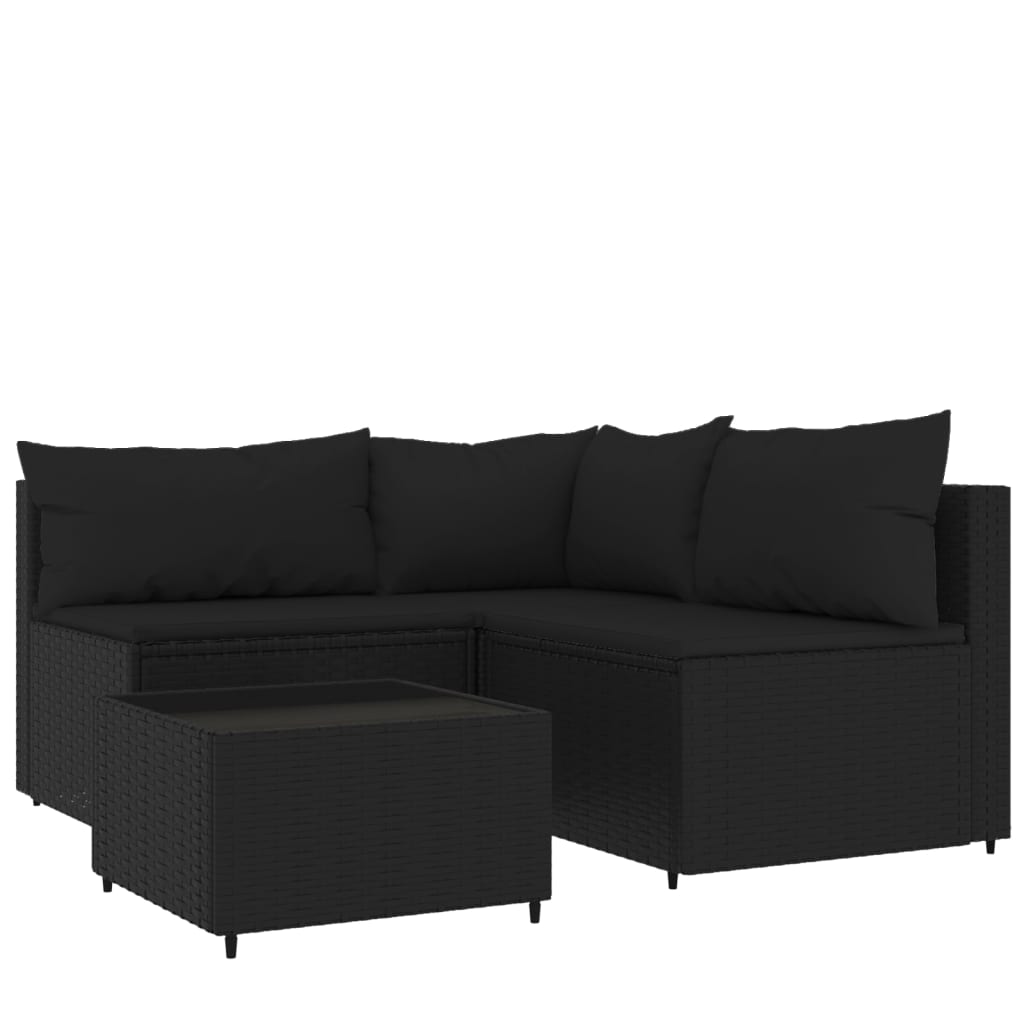 4 Piece Patio Lounge Set with Cushions Black Poly Rattan