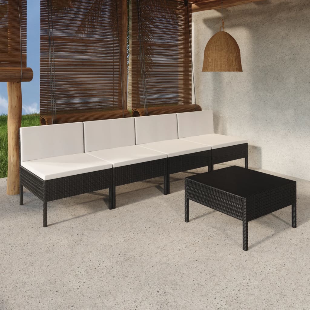 5 Piece Patio Lounge Set with Cushions Poly Rattan Black