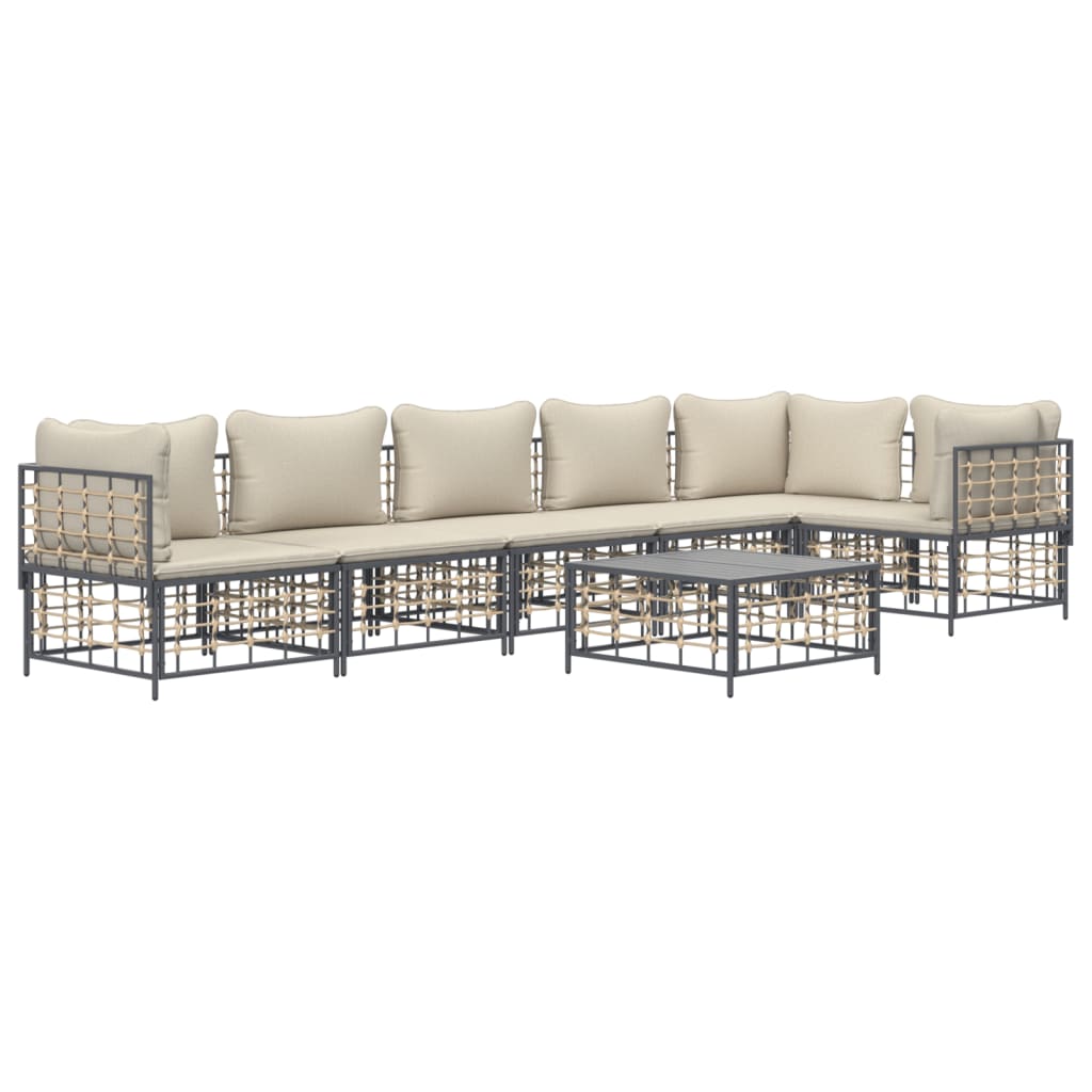 7 Piece Patio Lounge Set with Cushions Anthracite Poly Rattan