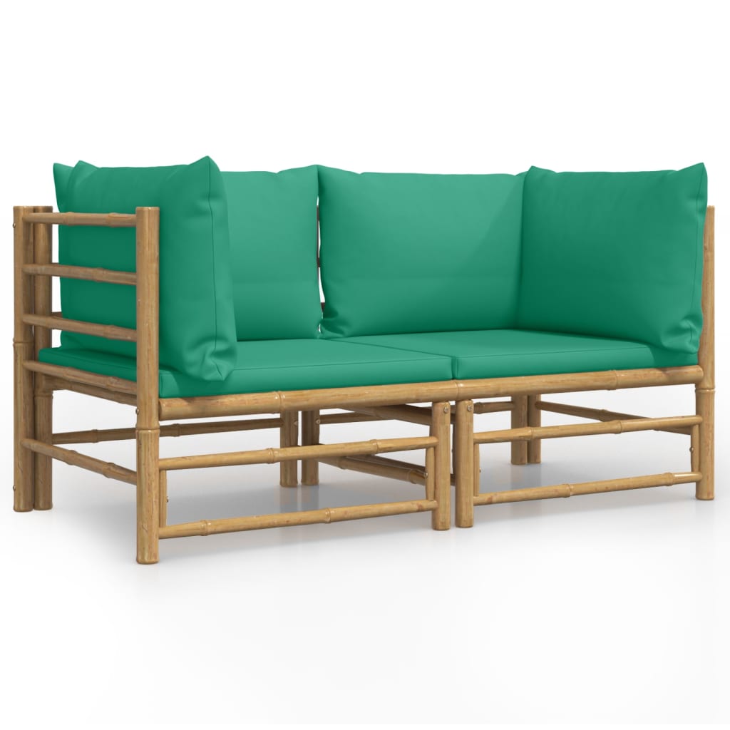 Patio Corner Sofas with Green Cushions 2 pcs Bamboo