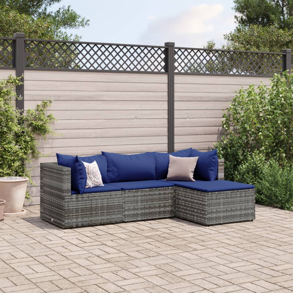 4 Piece Patio Lounge Set with Cushions Gray Poly Rattan