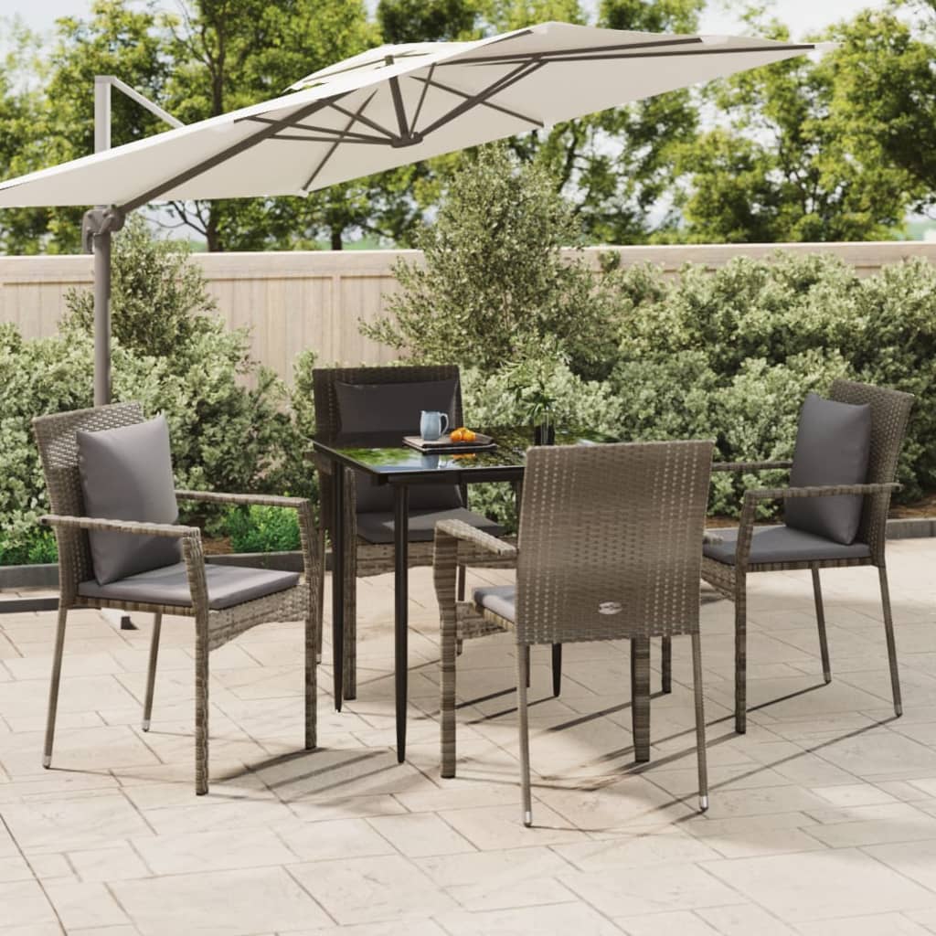 5 Piece Patio Dining Set with Cushions Black and Gray Poly Rattan