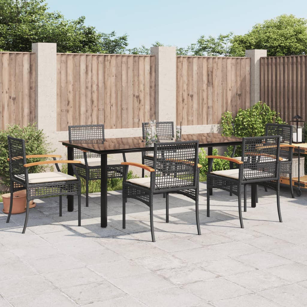 7 Piece Patio Dining Set with Cushions Black Poly Rattan