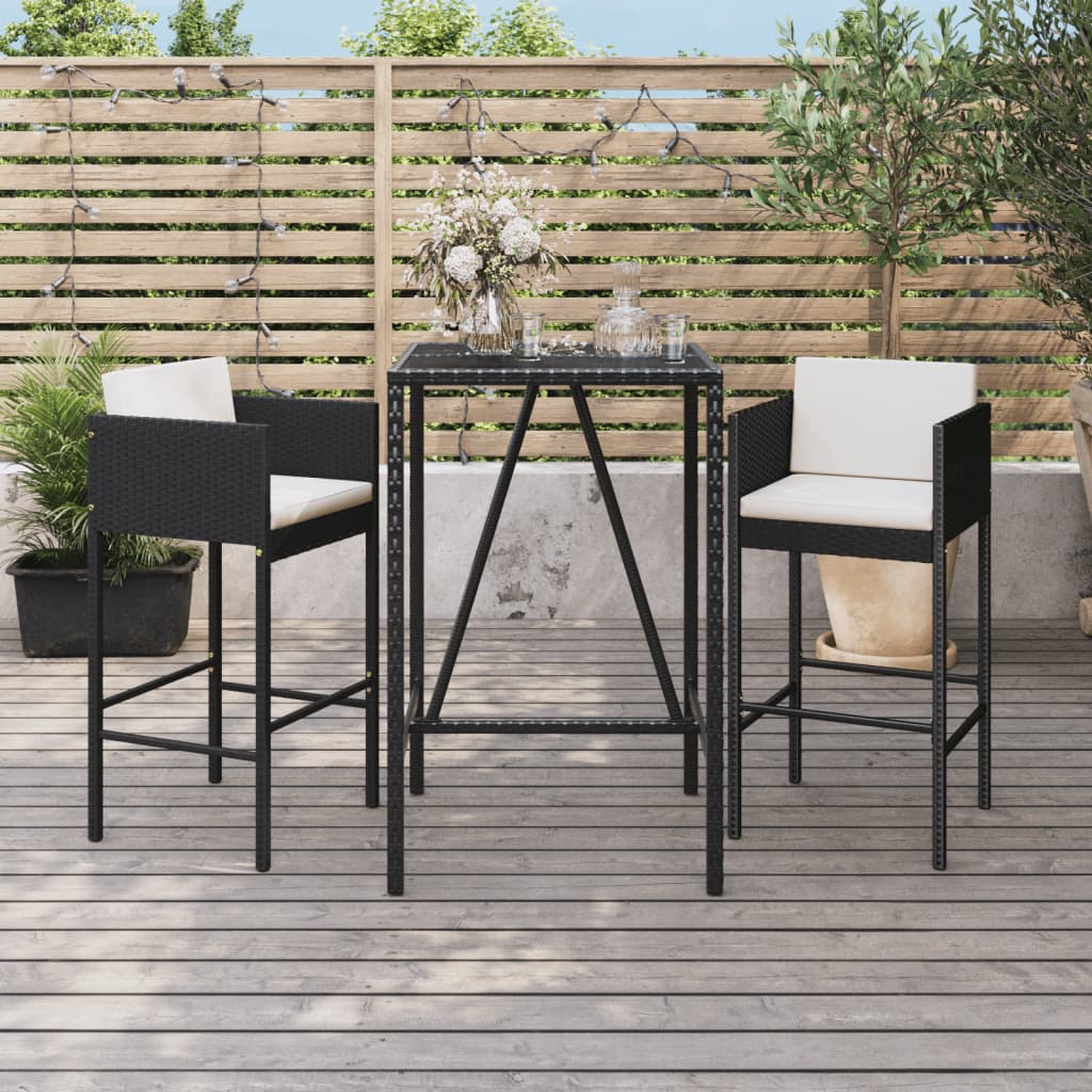 3 Piece Patio Bar Set with Cushions Black Poly Rattan