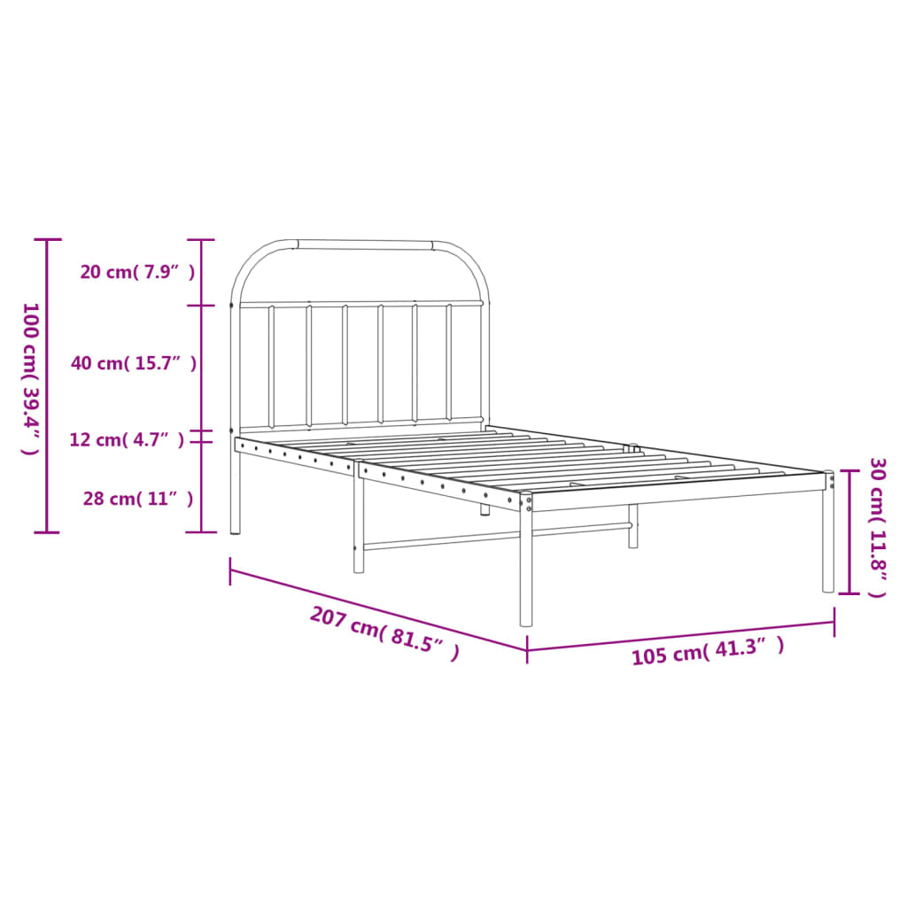 Metal Bed Frame without Mattress with Headboard White 39.4"x78.7"