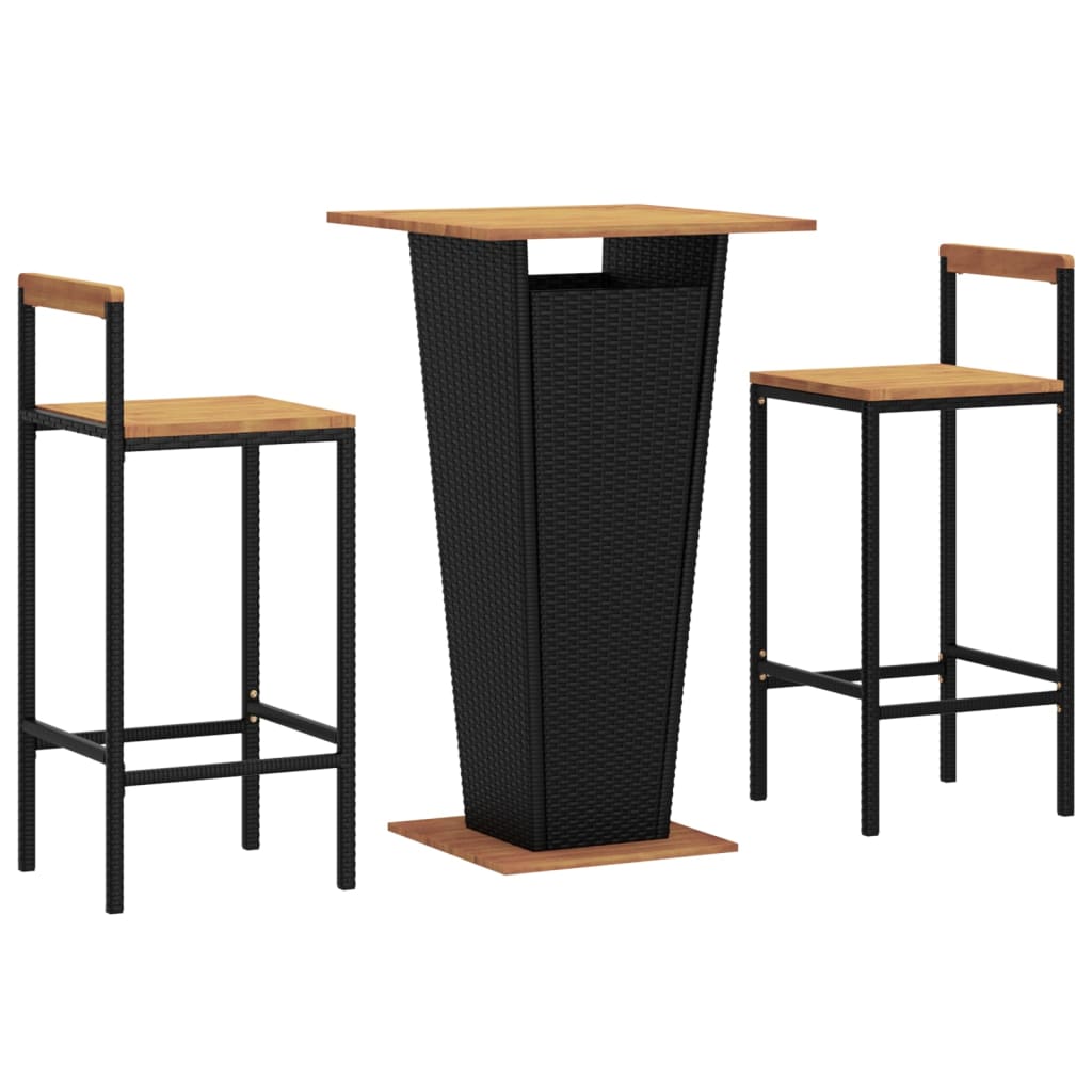 3 Piece Patio Bar Set Black Poly Rattan&Solid Wood Acacia