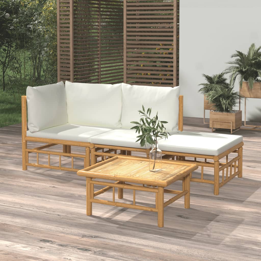 4 Piece Patio Lounge Set with Cream White Cushions Bamboo