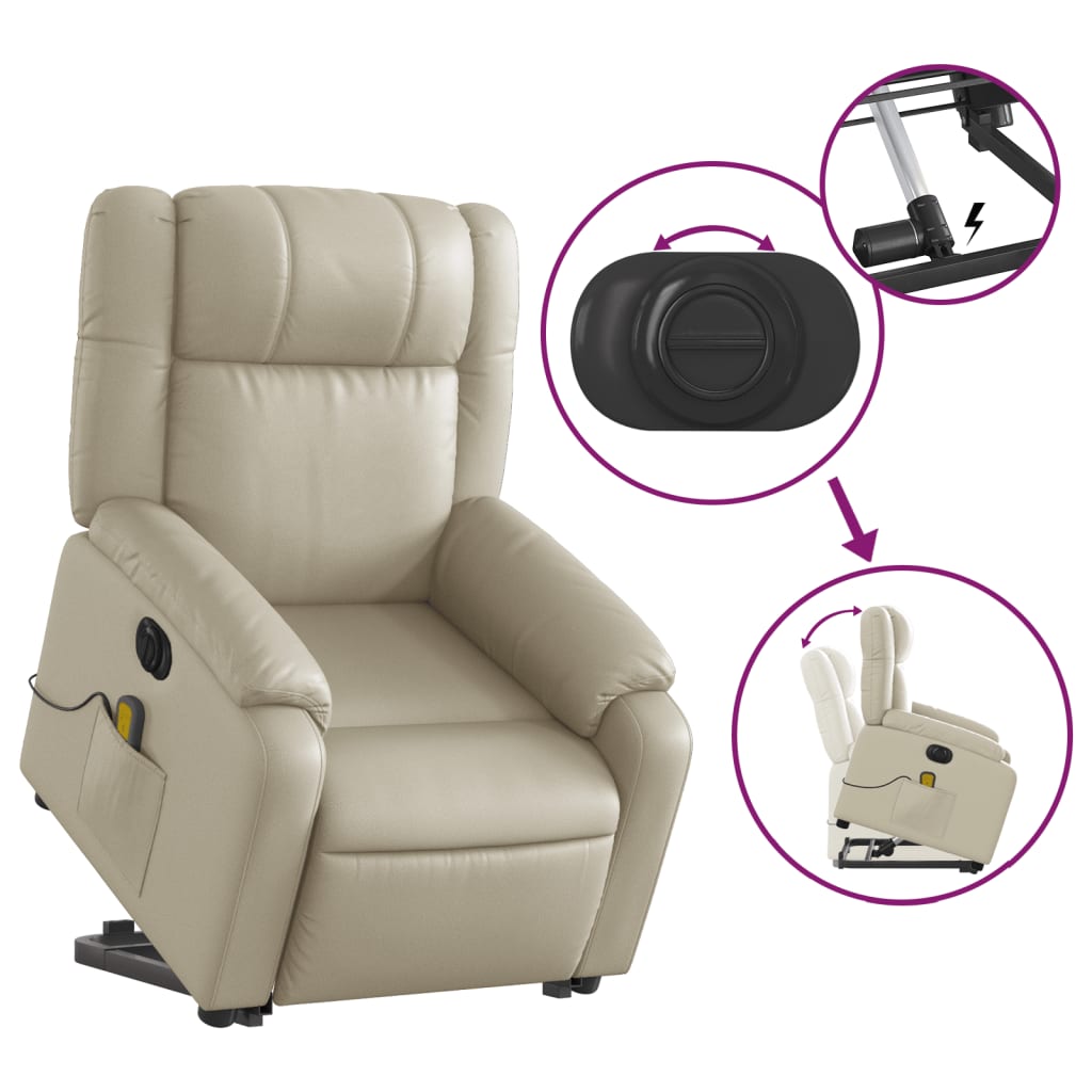 Electric Stand up Massage Recliner Chair Cream Faux Leather