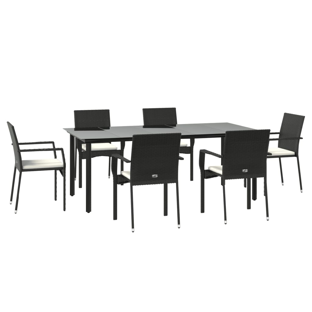 7 Piece Patio Dining Set with Cushions Black Poly Rattan