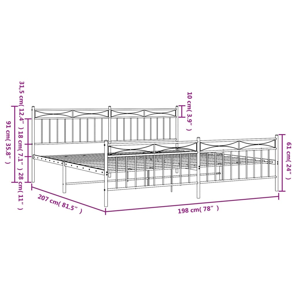 Metal Bed Frame without Mattress with Footboard Black 76"x79.9"