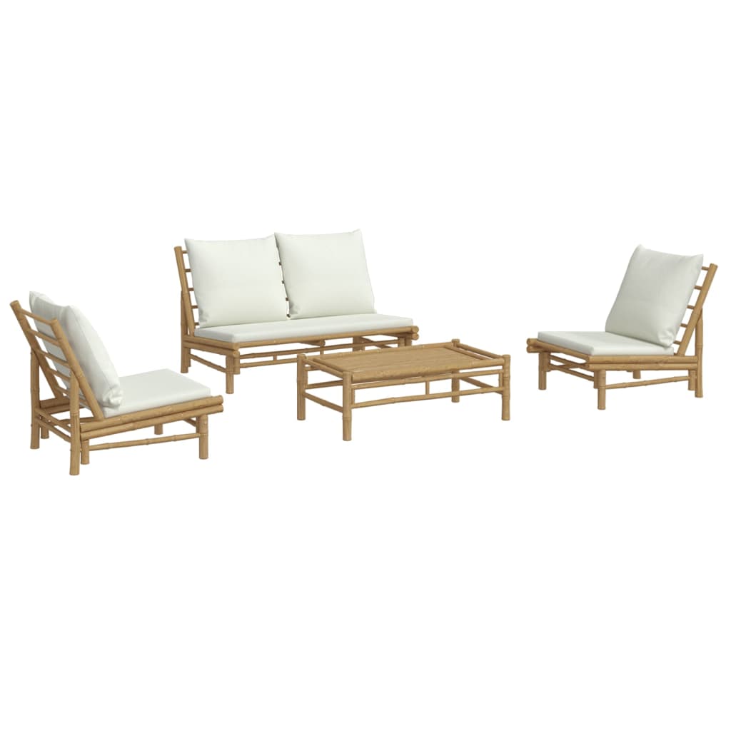 4 Piece Patio Lounge Set with Cream White Cushions Bamboo