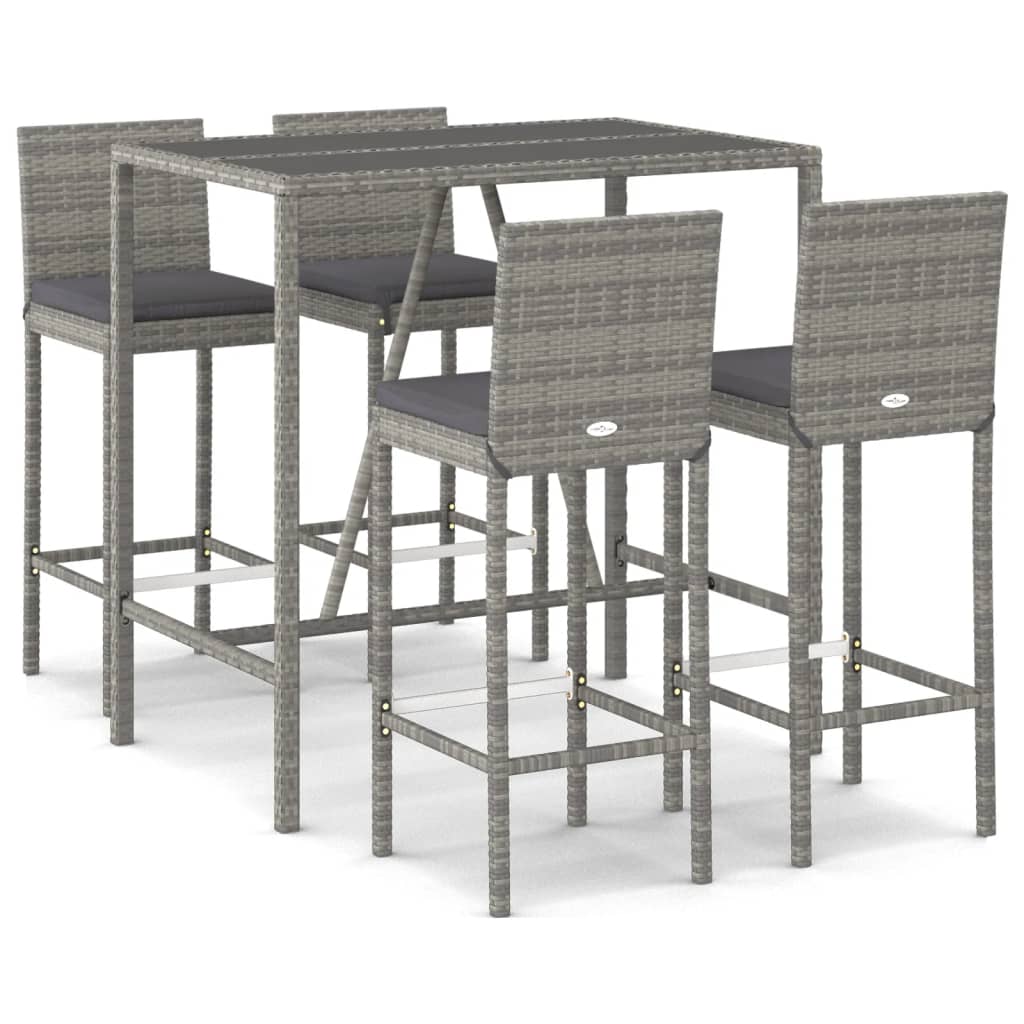 5 Piece Patio Bar Set with Cushions Gray Poly Rattan