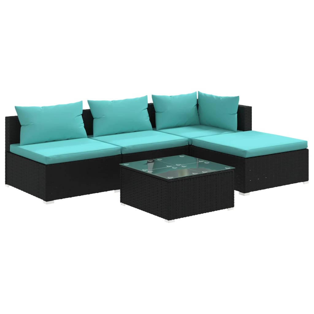 5 Piece Patio Lounge Set with Cushions Poly Rattan Black