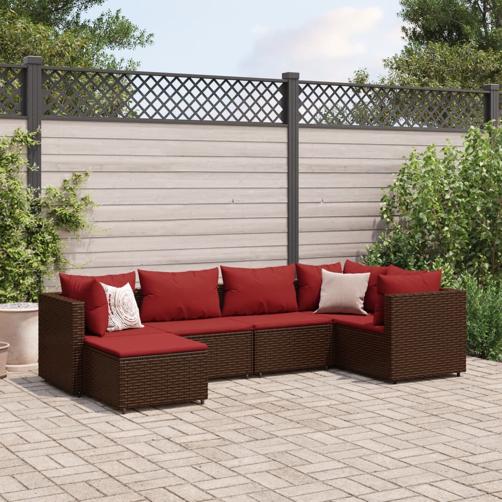 6 Piece Patio Lounge Set with Cushions Brown Poly Rattan