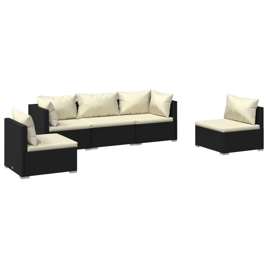 5 Piece Patio Lounge Set with Cushions Poly Rattan Black