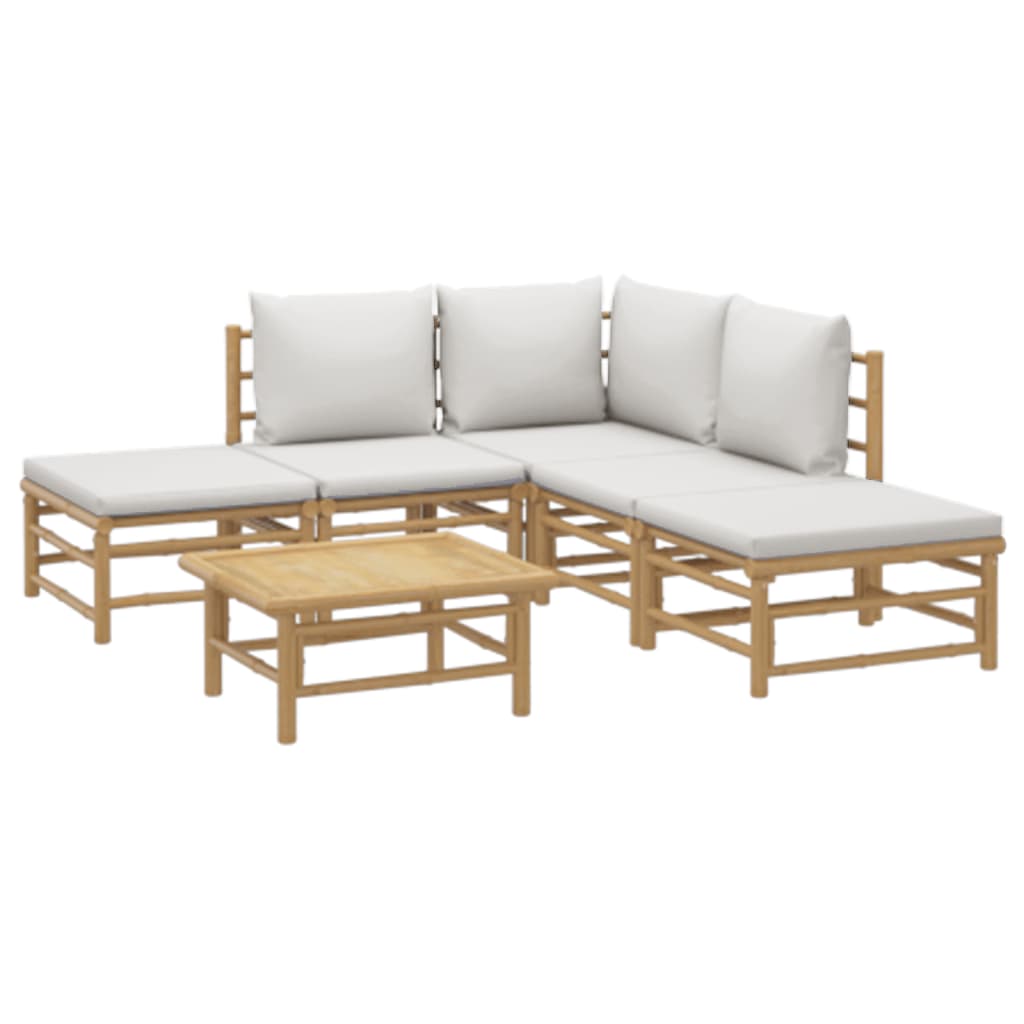 6 Piece Patio Lounge Set with Light Gray Cushions Bamboo