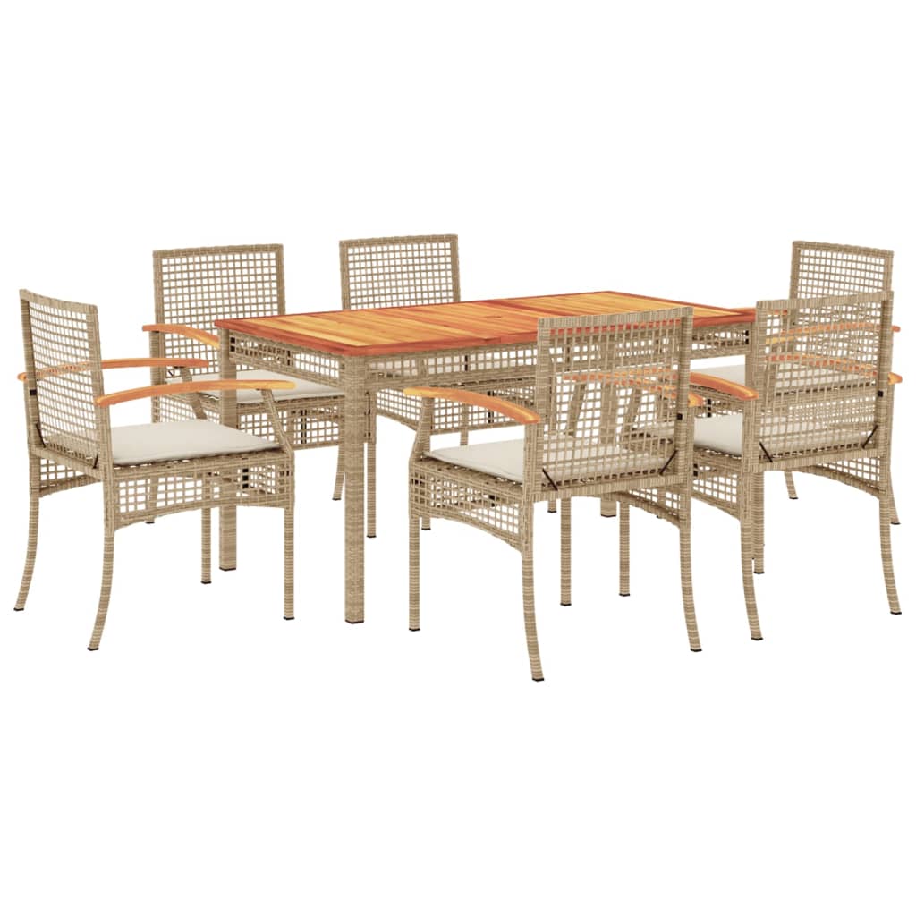 7 Piece Patio Dining Set with Cushions Beige Poly Rattan