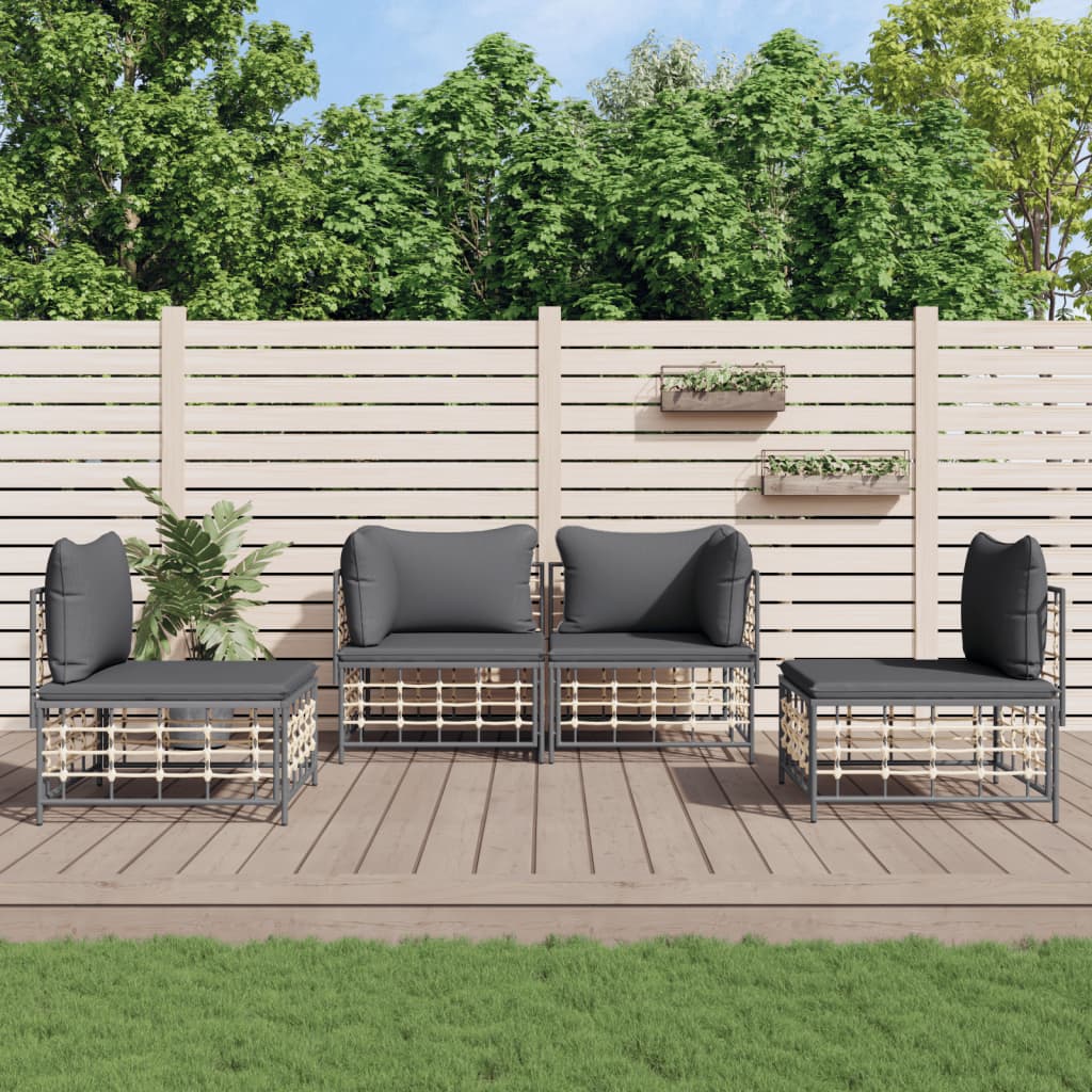 4 Piece Patio Lounge Set with Cushions Anthracite Poly Rattan