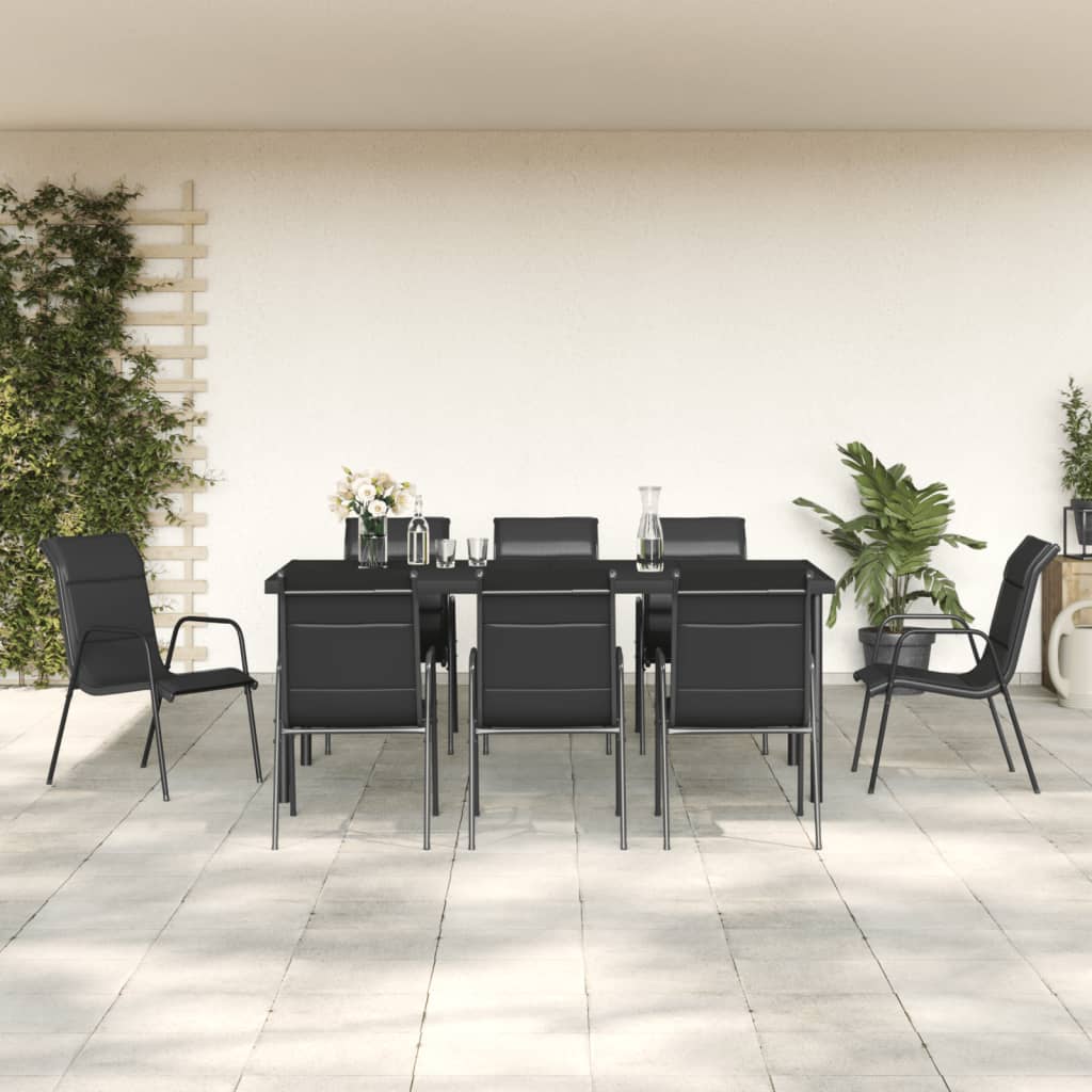 9 Piece Patio Dining Set Black Steel and Textilene