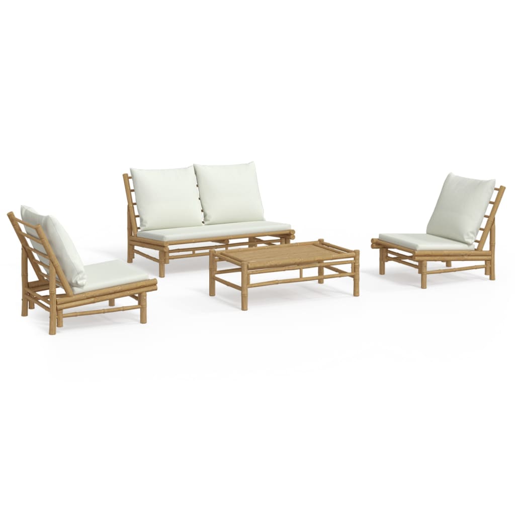 4 Piece Patio Lounge Set with Cream White Cushions Bamboo