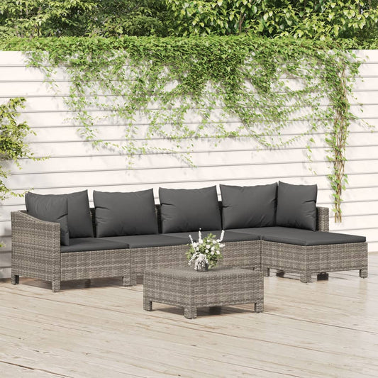 6 Piece Patio Lounge Set with Cushions Gray Poly Rattan