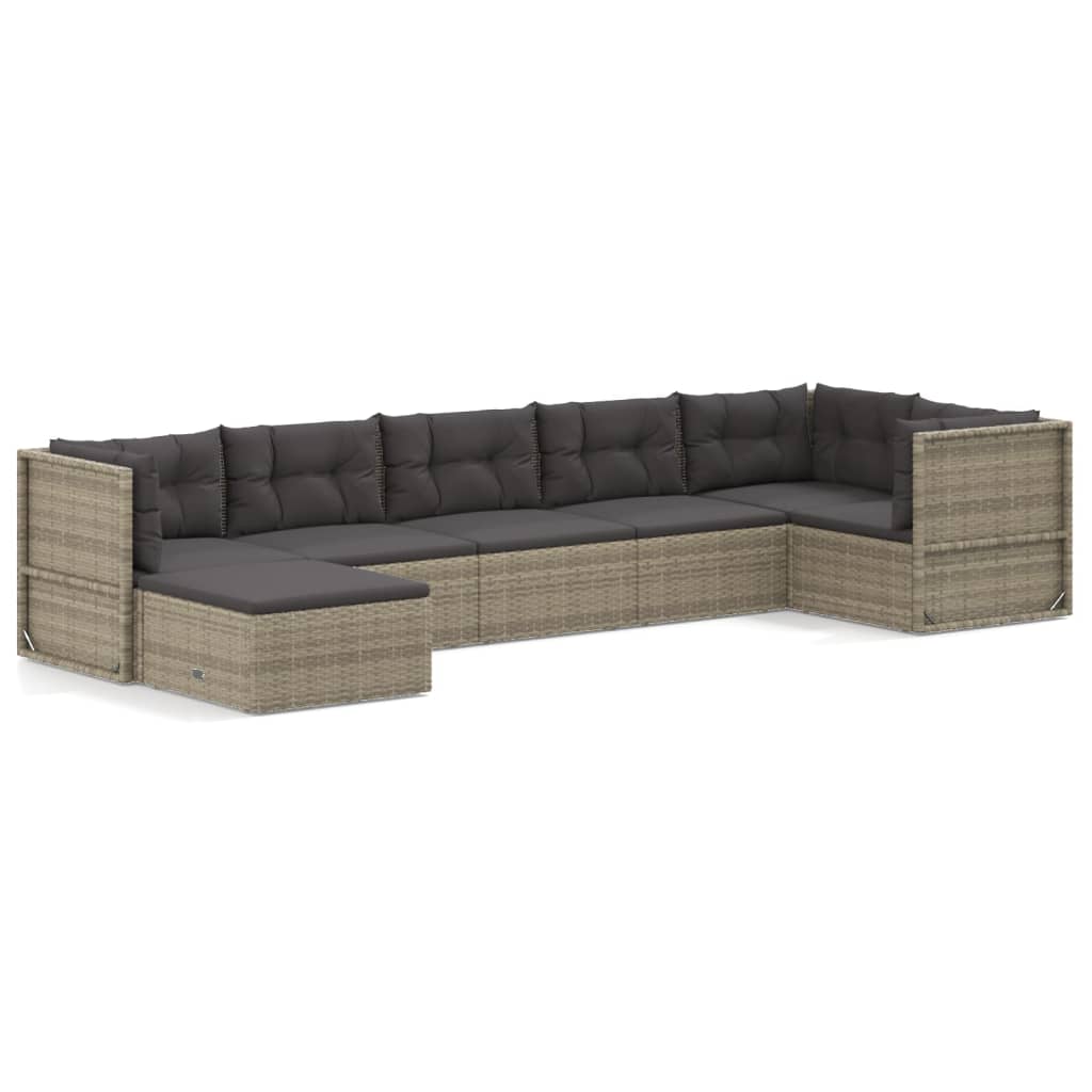 7 Piece Patio Lounge Set with Cushions Gray Poly Rattan